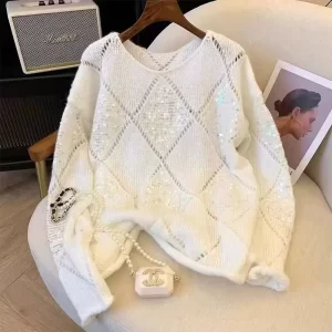 Woman Hollow Knitted Sweater Sequins Solid Glitter Knitting Blouse Long Sleeve Pullover Blouses Female Lady Beach Club Outfit