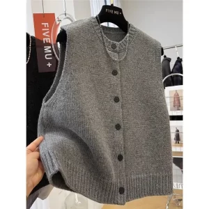 Women Sweater Vests Casual Loose Basics Solid Buttons Knitwear Sleeveless Female Bottom Sweater Vintage Simple Simple Tank Tops